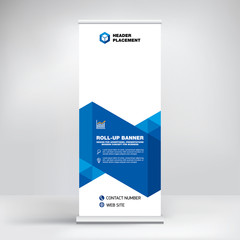 Modern design of roll-up advertising stand, banner template for the exhibition, creative geometric background for photo and text placement.