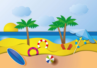 Fototapeta na wymiar sea view in summer with water play equipment placed on the beach. view of the blue sea. summer time. sea with beach. paper cut and craft style. vector, illustration.