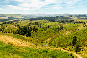 Obraz premium Amazing New Zealand landscape, almost like paradise. Green rolling hills everywhere you go. Low sunset light creates beautiful shadows. Great and very popular place for holidays.