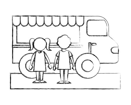 little boy and girl with food truck
