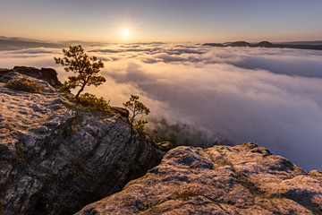 Dramatic sunrise on the rocks. Amazing sky and clouds, fog in a valley, forest. Trees, rocks, sky, peace, quiet, relax, travel, adventure.