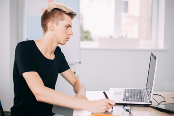 Professional artist drawing on graphic tablet. Design, innovations, creative work and new projects. Digital art, developing, media concept