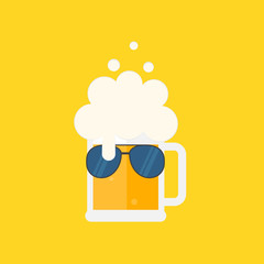 Beer mug with foam and sunglasses. Flat vector illustration. Isolated.