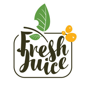 vector logo with inscription fresh juices with leaves and sprays