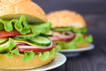 sandwich of round bun close-up with ham, cheese and vegetables