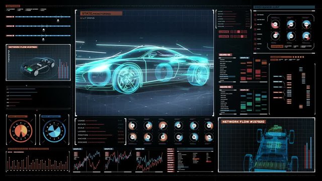 Automobile Technology in futuristic dashboard display. running car with line. 4K size movie. 360 X-ray view.1.