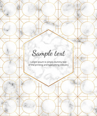 Cover with marble texture and golden geometric lines pattern. Background for design banner, card, flyer, invitation, party, birthday, wedding, placard, poster