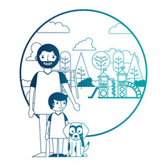 father with little boy in amusement park and mascot dog