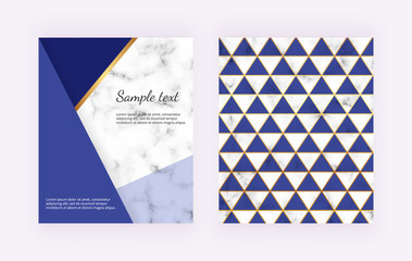 Blue triangles and golden lines. Backgrounds with marble texture. Trendy template for flyer, banner, invitation, banner, birthday, wedding, card, party.