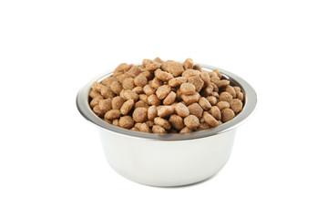 Dry cat food in bowl isolated on white background