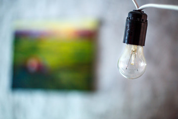 light bulb hanging against the wall with the picture
