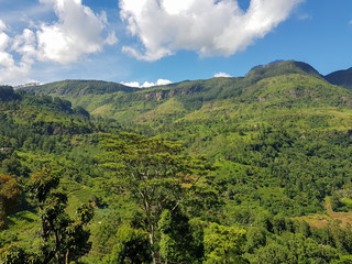 Mountain landscape in a green valley with the villages in central part of Sri Lanka