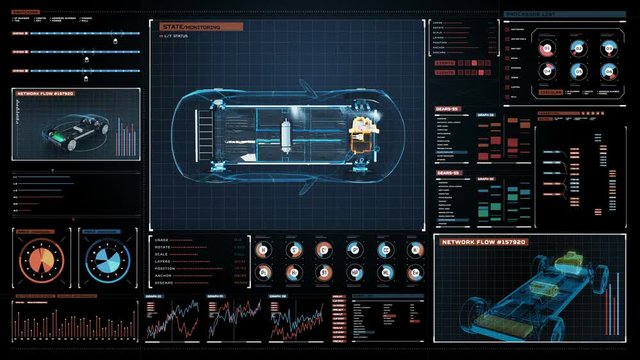 Charging Electronic, hybrid, lithium ion battery echo car in Digital futuristic display interface. top view, eco-friendly future car. 4k movie.1.