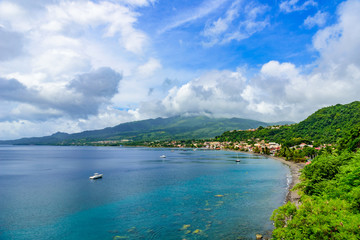 Paradise coast at Saint Pierre with Mt. Pelee, active volcanic mountain in Martinique, Caribbean Sea