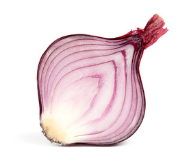 Half of red ripe onion on white background