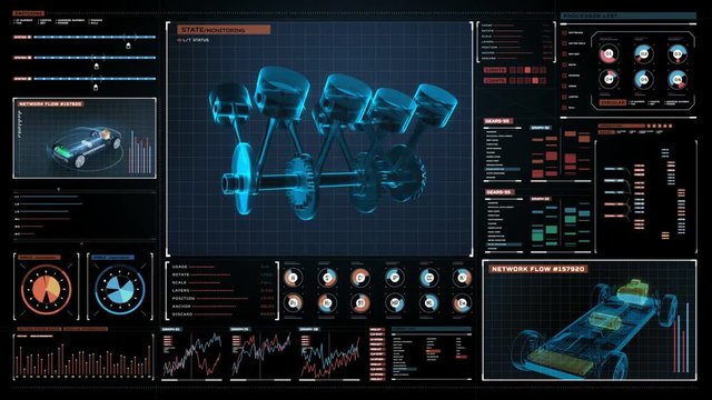 Rotating engine piston valve, Electronic, hybrid car in Digital futuristic display interface. 4k movie.1.