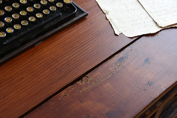Old vintage desktop with a typewriter and a piece of paper with a place for copiespaces