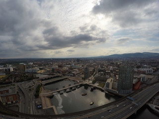 aerial view of road, bridge and buildings in Belfast northern Ireland. View on City from above 