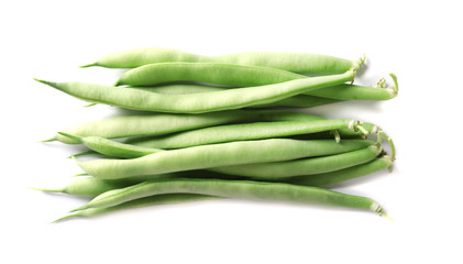 Pile of fresh green beans on white background