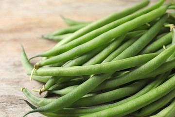 Pods of fresh green French beans, closeup