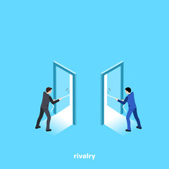 people in business suits pull the rope from different rooms through open doors, an isometric image