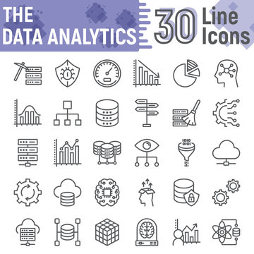 Data analytics line icon set, database symbols collection, vector sketches, logo illustrations, web hosting signs linear pictograms package isolated on white background, eps 10.