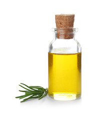 Bottle with rosemary oil on white background