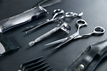 Hair Salon Tools. Barber Scissors And Shaving Equipment