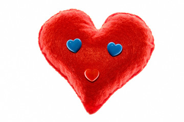 Soft red heart. Emotion with blue eyes. A symbol of love and happiness. Close-up. White background.