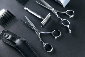 Hair Salon Tools. Barber Scissors And Shaving Equipment