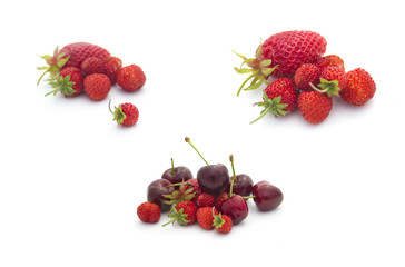 Summer fruits collection: Strawberries and cherries on white