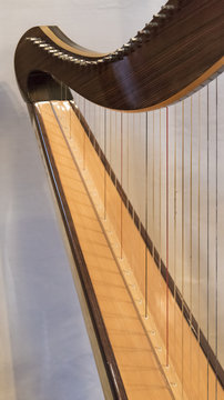 Celtic irish harp, classical and traditional string music instrument, detail.