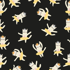 Cute dancing cats.Seamless flat pastel pattern for print on a T-shirt with a cute dancing cats princess for postcard, cases, posters, t-shirts,web,clothes.