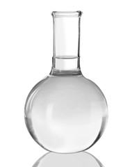 Flask with liquid on white background. Laboratory analysis equipment