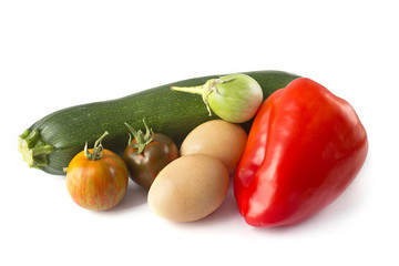 Healthy food concept : Summer beggies and eggs isolated on white