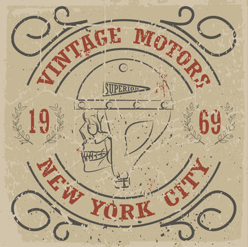 Rider skull with a helmet. Retro racer attributes. Grunge print. Vintage typography design for biker club. Bikers wear.