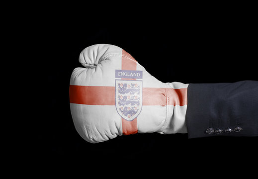 Male Hand In Boxing Glove With Three Lions Soccer England National Football Team Flag