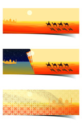 Panoramic Landscape of the Desert. Caravan of Camels Goes to the Arabic Oasis. Silhouette Design in a Flat Style.