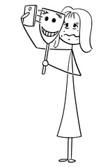 Cartoon stick drawing conceptual illustration of sick, unhappy and unhealthy looking woman taking selfie with smiling mask creating illusion of happy and successful life.