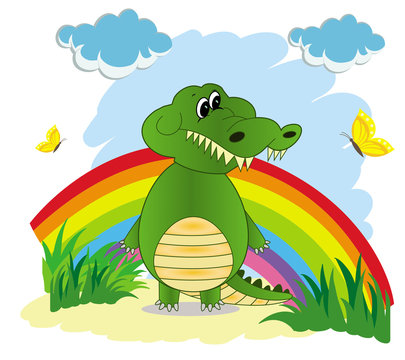 Illustration of a rainbow in the sky with a green cartoon crocodile
