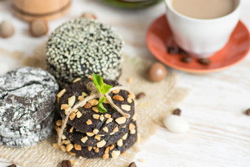 different types Brownie Cookies and table setting Sweet biscuits. Homemade pastry 