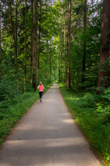 Fototapeta premium Young woman running along path through green forest.