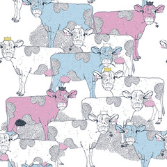 Seamless pattern of Cow Princess. Sweet Cows with a crown. Hand draw digital illustration with white background. Cow art for background wallpape fabric. Farm animals.  - obrazy, fototapety, plakaty