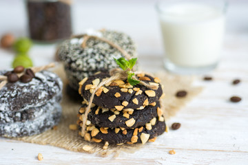 different types Brownie Cookies and table setting Sweet biscuits. Homemade pastry 