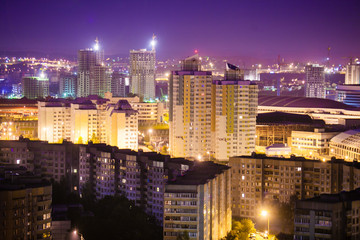 Minsk city at night. Bright city lights in the capital