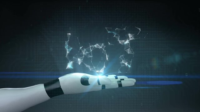 Numerous dots gather to create a IoT sign on robot hand, cyborg , Internet of thing concept, low-polygon web. 4k animation movie.