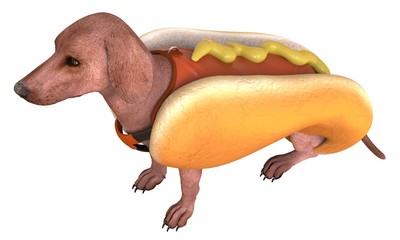 A dog in a hotdog suit 3d illustration isolated on white