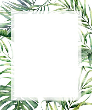 Watercolor tropical vertical frame with exotic palm leaves. Hand painted floral illustration with banana, coconut and monstera branch isolated on white background for design, fabric or print.