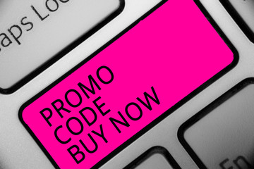 Conceptual hand writing showing Promo Code Buy Now. Business photo showcasing Giving great discount by entering special words Text script message button symbol typing keyboard idea.