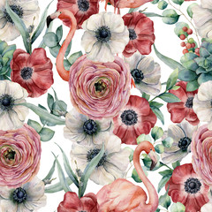 Akwarela bezszwowe wzór z kwiatami i Czerwonak. Ręcznie malowane czerwony i biały anemon, Jaskier, eukaliptus pozostawia na białym tle. Botaniczny nadruk do projektowania lub drukowania. - 213131193